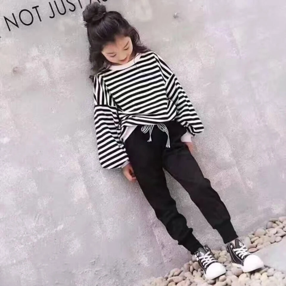 Весенне-осенняя полосатая футболка + платье для девочек комплекты одежды