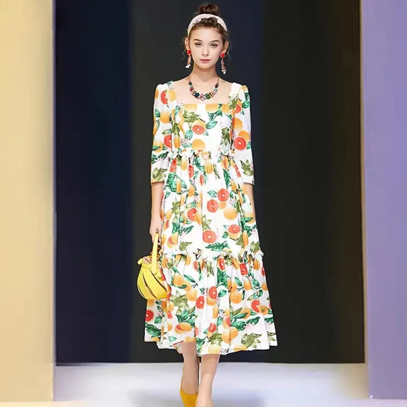 

New 2021 Spring Fashion Retro Floral Runway Dress Vestidos Za Verano Fungus Lace Waist Sweet Women Midi Party Dress K1108