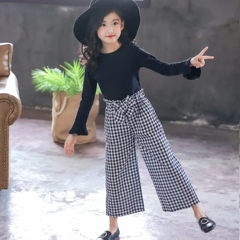 Костюм для девочек подростков 2021 детская Однотонная рубашка с расклешенными