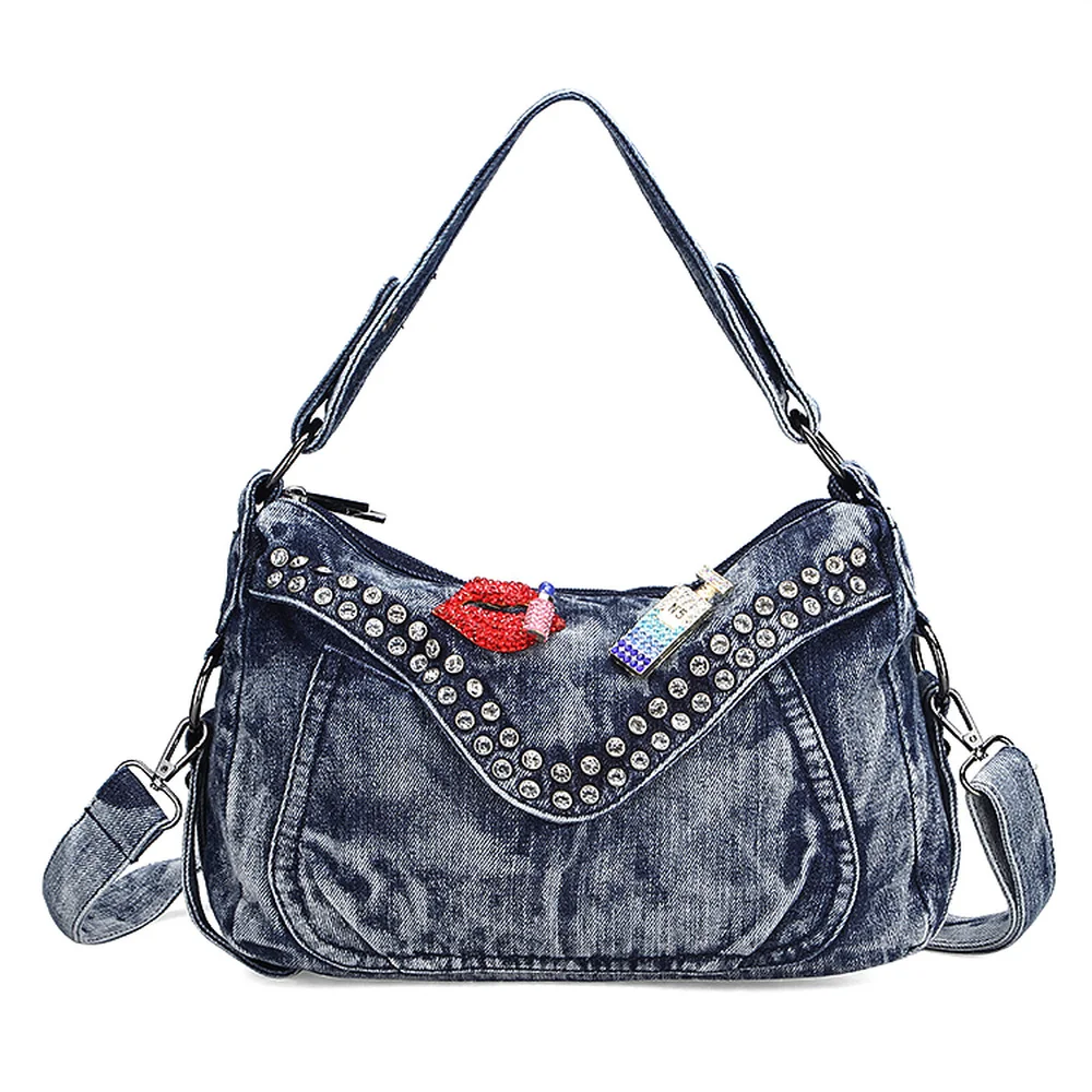 

Hot Sale Womens Rhinestones Rivet Bag Messenger Bag Denim Jeans Bags Handbag Shoulder Blue Bag Cowboy Totes