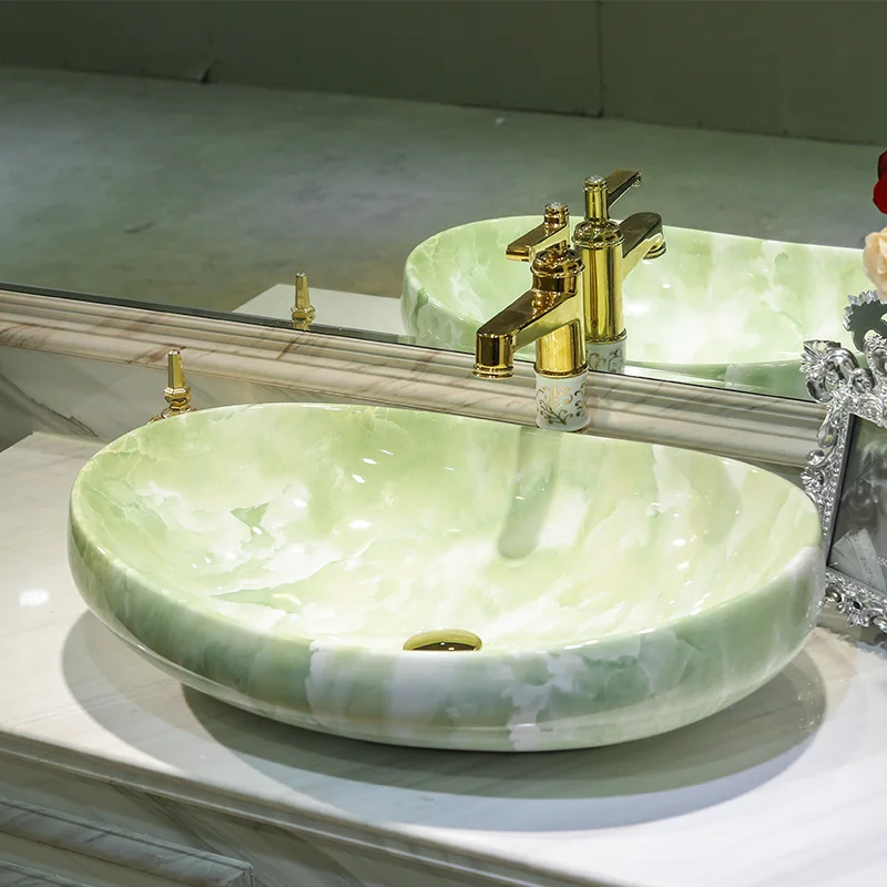 Imitation Marble Porcelain Material Gold Ingots Shape Art Ceramic Bathroom Sink Countertop Wash Basin Vanity Bowl for Cabliet |