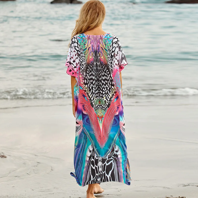New Beach Cover Up Seaside Vacation Maxi Dress Polyester Positioning Print Robe Multi-Color Shirt Leopard Point Bikini Swimsuit