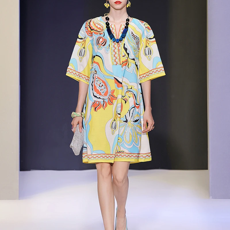 

2021 Summer Fashion Dress Women Half Sleeve Flower Printed High Quality Runway New Dresses