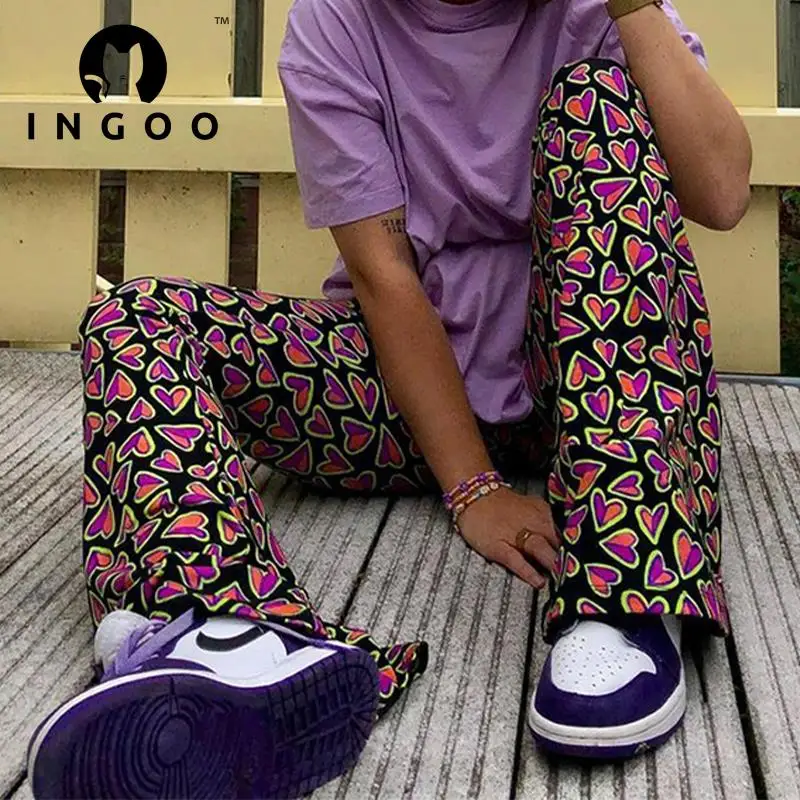 

INGOO Vintage Wide Leg Flared Long Pants Women Multicolor Printed High Waist Bag Hip Trousers Y2K Fashion Casual Street Outfits