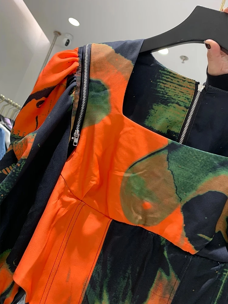 

Sexy square collar tie-dye tight-fitting waist irregular short shirt ladies spring and autumn new fashion all-match tops