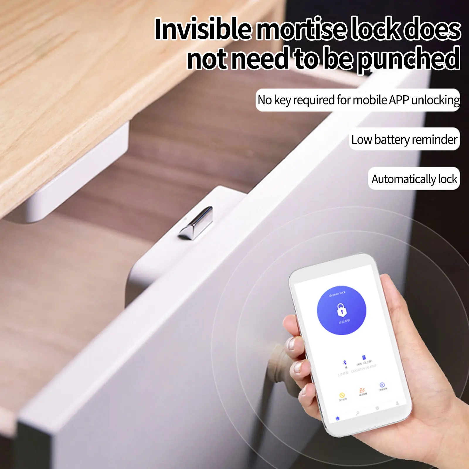 

Drawer Lock Bluetooth Powered Punch-Free Electronic Cabinet Lock for Home Office Apartment Intelligent Anti-Theft Sealed Battery