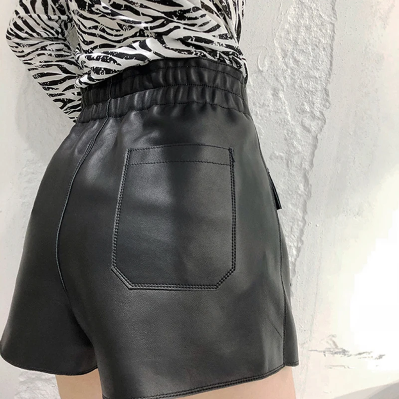 Юбка-кюлот из натуральной кожи с завышенной талией и карманами | Юбки