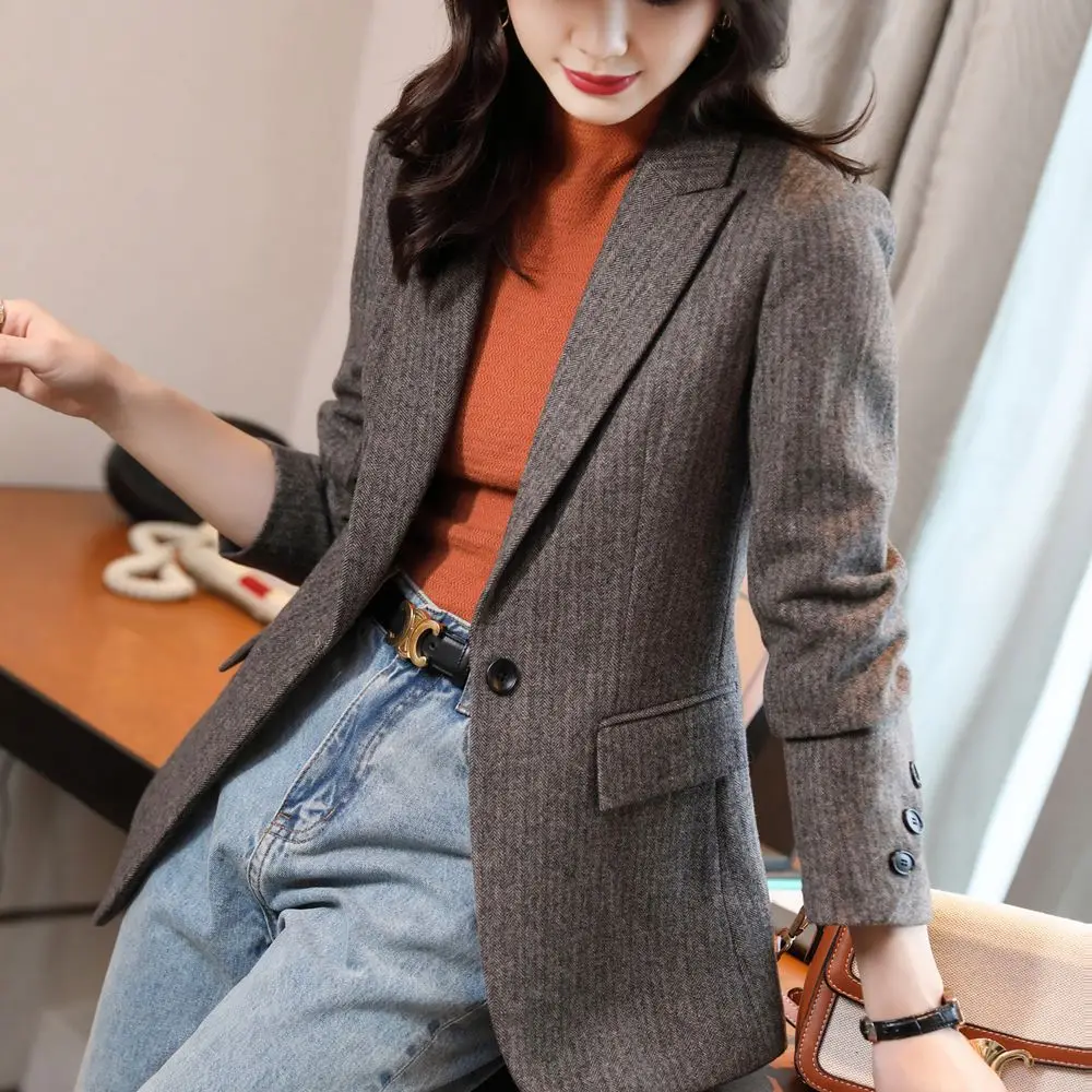 

Korean office two piece suit skirt suit autumn and winter elegant long sleeve loose jacket pants two piece women's suit purple