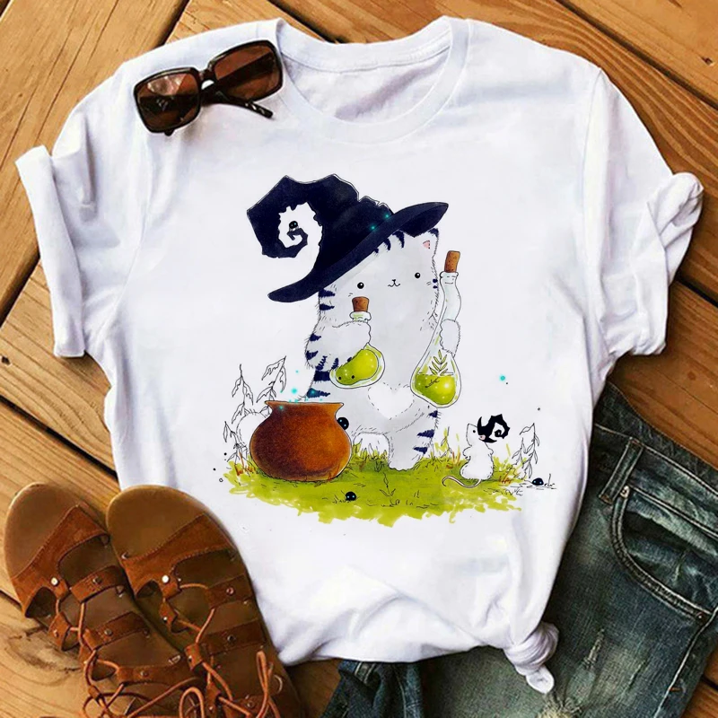 

WVIOCENew Fashion Cartoon Cat 90s Loose Clothing Holiday Print White T-shirt Ladies Graphic Top Female Summer Kawaii T-Shirt