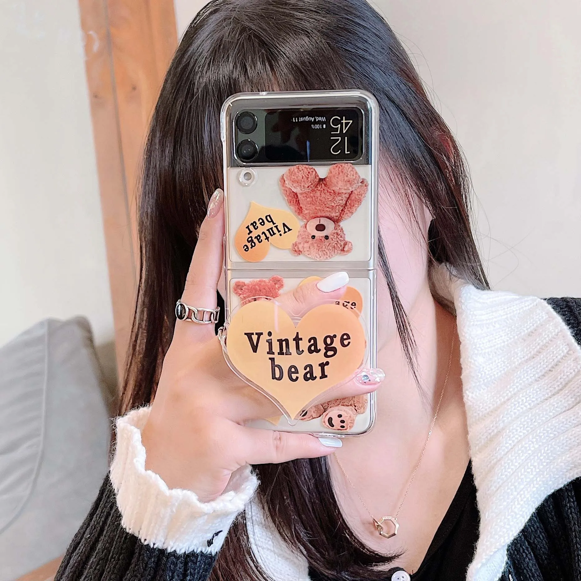 Чехол для телефона Samsung Galaxy Z Flip3 5G, 3d винтажный держатель-подставка, медведь, милый мультяшный ПК, Жесткий Чехол, прекрасный Чехол, задняя крышка