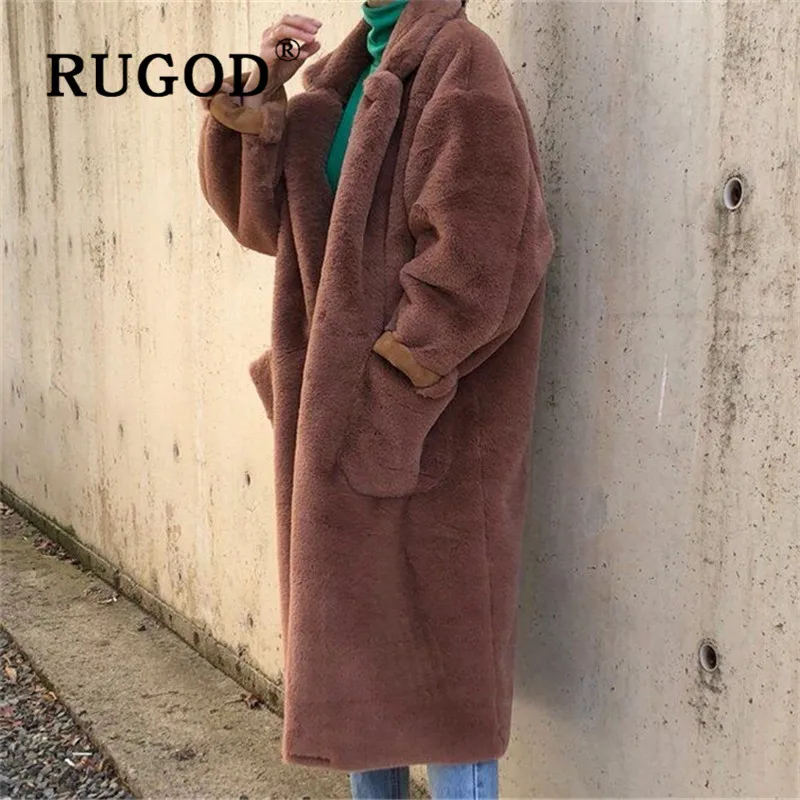 RUGOD зимнее женское мягкое бархатное пальто с отложным воротником прямая свободная длинная куртка французский шик элегантное милое плотное теплое пальто