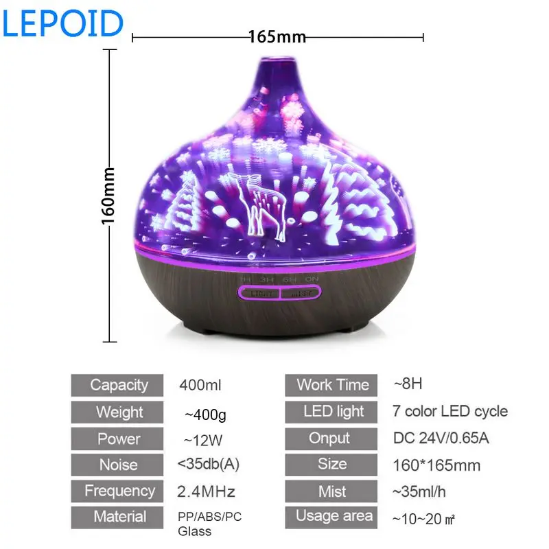 LEPOID 400 мл 3D стеклянный диффузор для масла премиум ультразвуковой увлажнитель