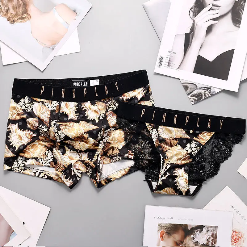 New Couple Panties Set Sexy Lace Underwear Ice Silk Fabrics Couple Underwear Men's Boxers Women's Underwear Love's Underpants