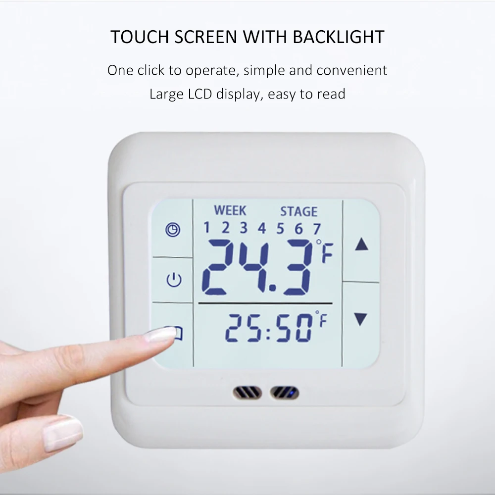 

Electric Heating Thermostat with Touchscreen LCD Display Smart 16A Thermostat Energy Saving Home Temperature Controller