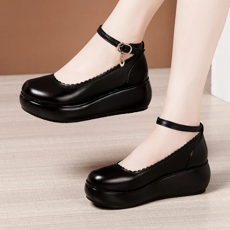 

Small Big Size 32 33-43 Ankle Strap Platform Shoes 2021 Med Heel Wedges Pumps Women Elegant Office Mother Dance Footwear