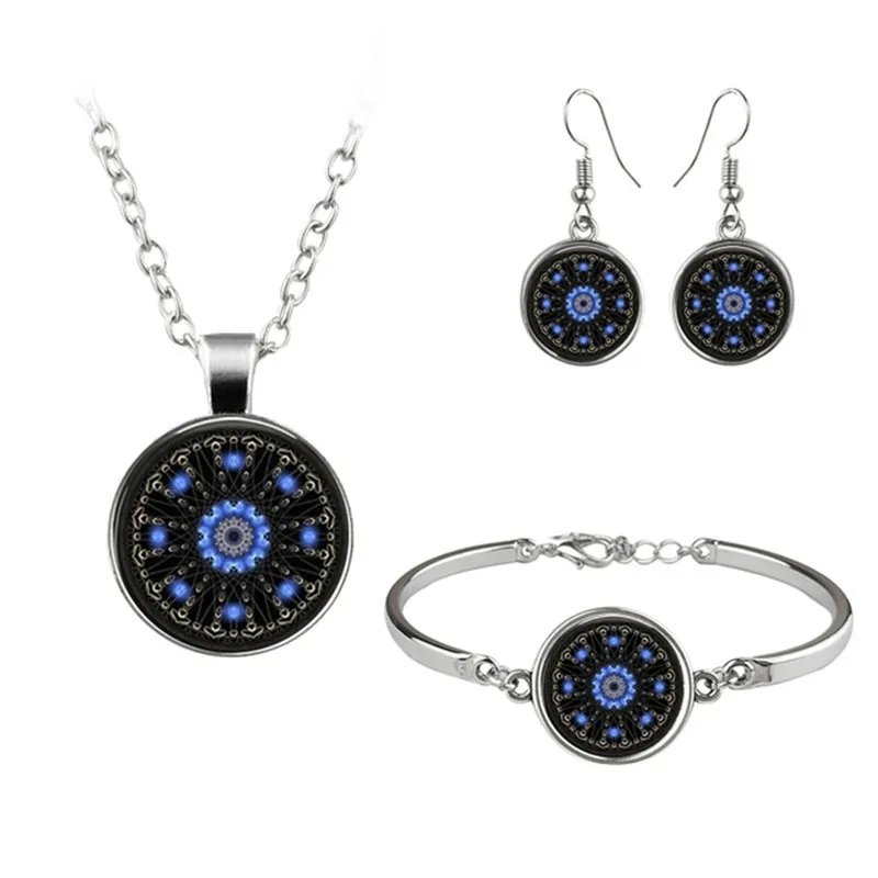 

Boho Yoga OM Mandala Buddhism Art Photo Jewelry Set Glass Necklace Earring Bracelet Totally 4 Pcs for Women's Fashion Gifts