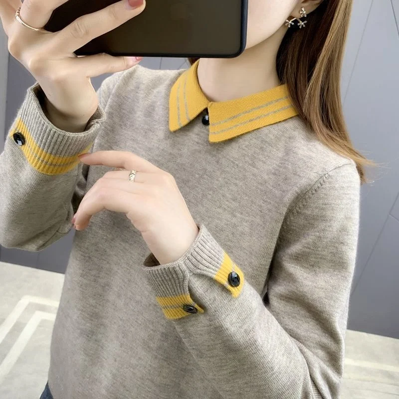 

JCHB Spring Fall Women's Fashion Lapel Sweater Long-sleeved Casual Loose Wild Knitted Pullovers Female Knitwear Tops Jumper Full