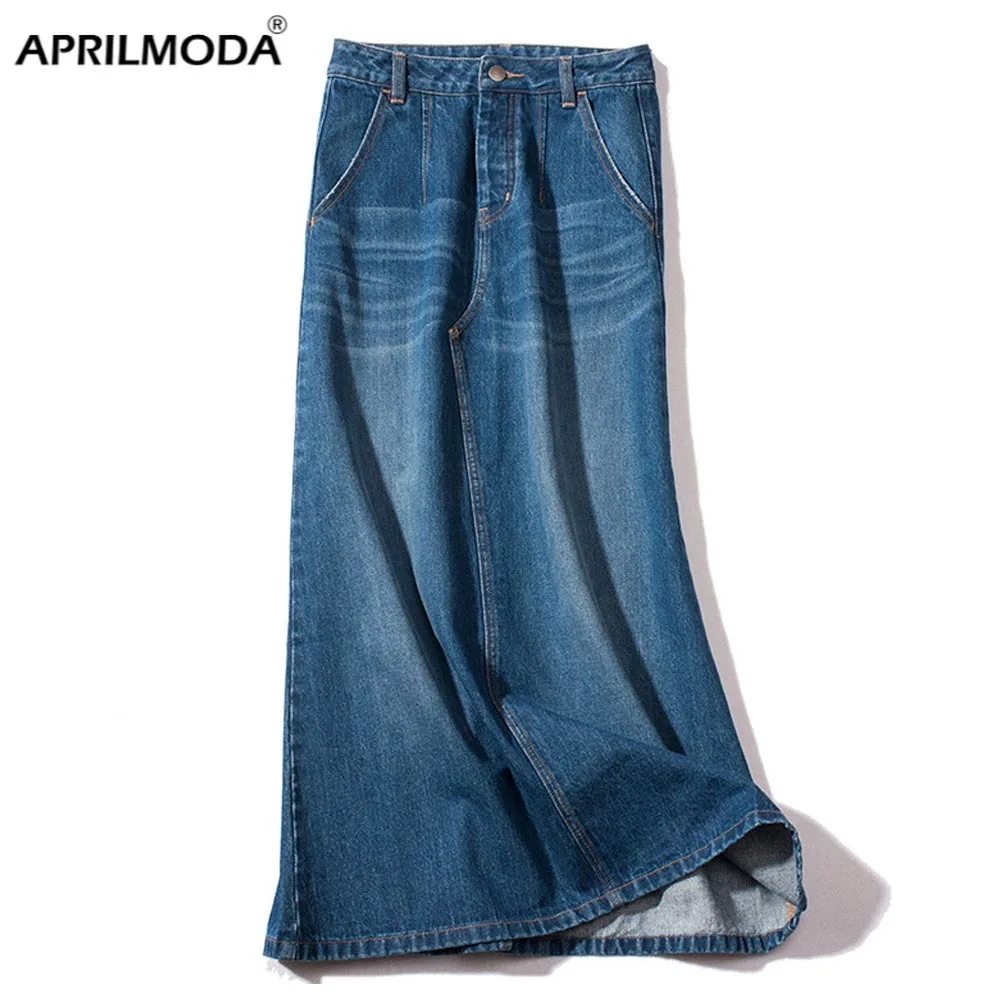 

2021 Casual Women Denim Skirt Long Saia Jeans Streetwear High Waist Vintage Blue Summer Long Skirts With Pocket Female Saia
