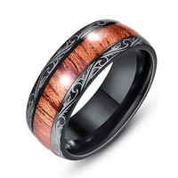 new fashion 8mm mens black stainless steel ring hawaiian koa wood inlay dome engagement ring mens wedding band jewelry gift