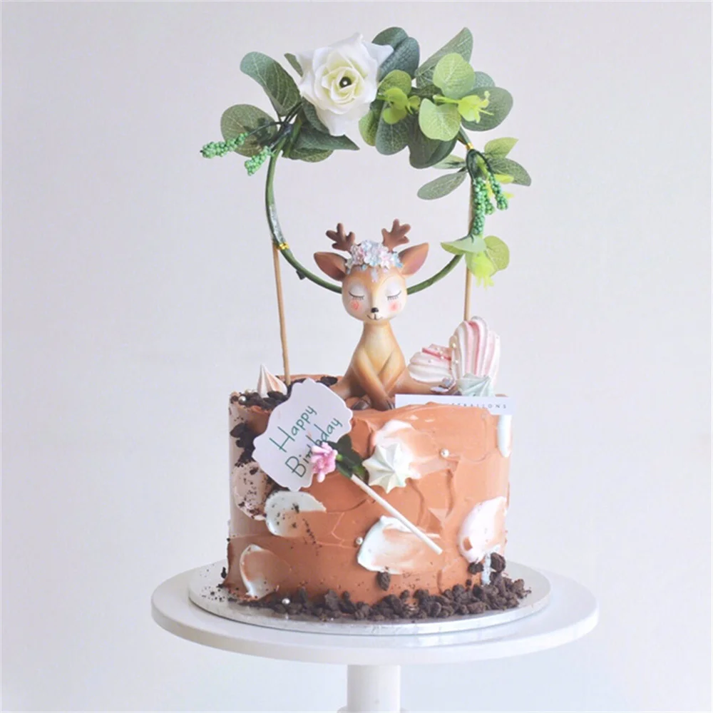 

Cke Topper Sen Flower Wreath Cake Decoration Plug-in Little Elk Baking Dessert Table Birthday Wedding Cake Dress Party Dress up