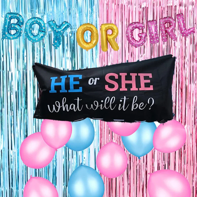 

Boy or girl Gender Reveal Party Supplies He or She Balloon Drop Bag Metallic Tinsel Foil Curtain Photo Backdrop Decoration