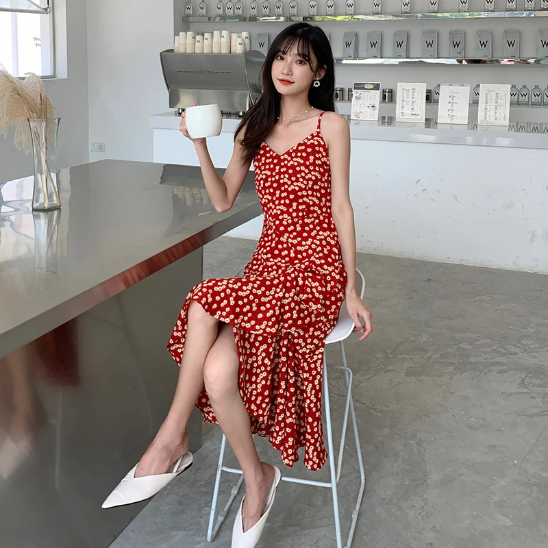 

Tropical Beach Vacation Dress Runway Floral Print Burgundy Women Long Sundress Summer Elegant Slim Bohemian Korean Party Dress