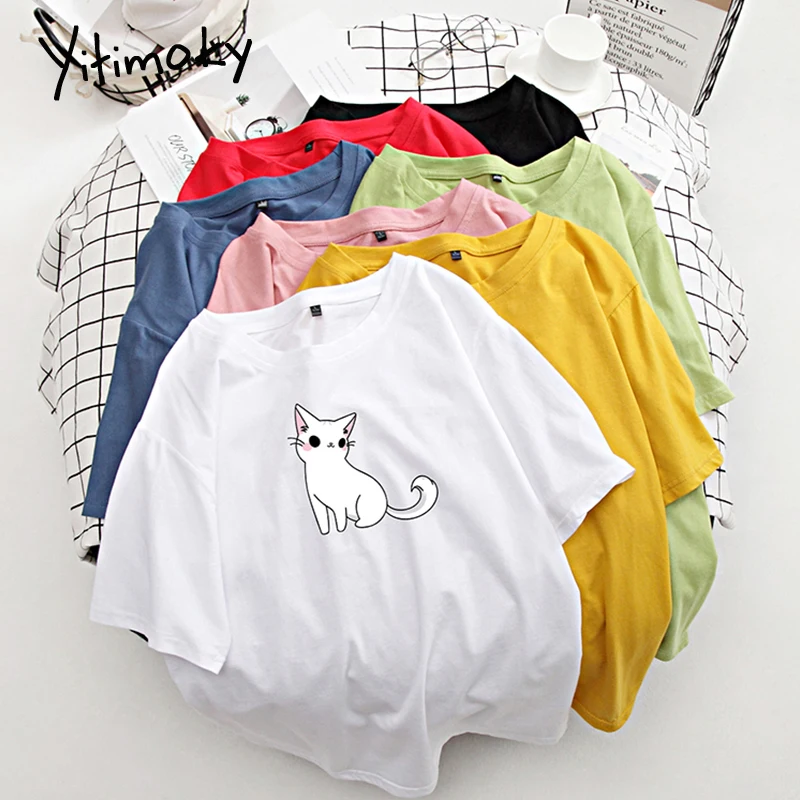 Футболка с милым принтом кота базовая футболка Женская Повседневная круглым
