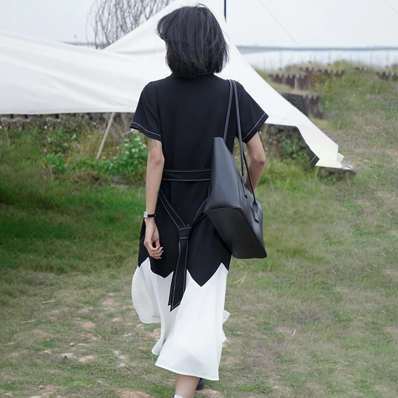 

SHENGPALAE Contrast Color Shirt Dress Women's Summer 2021 New Lapel Single Breasted Short Sleeve Mid-calf Dresses Female Tide