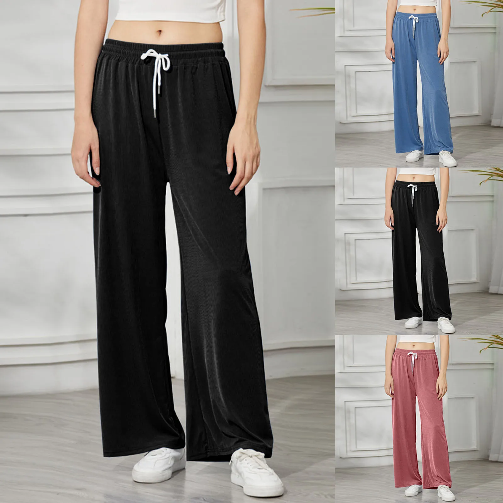 

2021 New Comfortable Woman Pants Casual Solid Color Elastic Waist Drawstring Long Wide Leg Pants Loose femme pantalon
