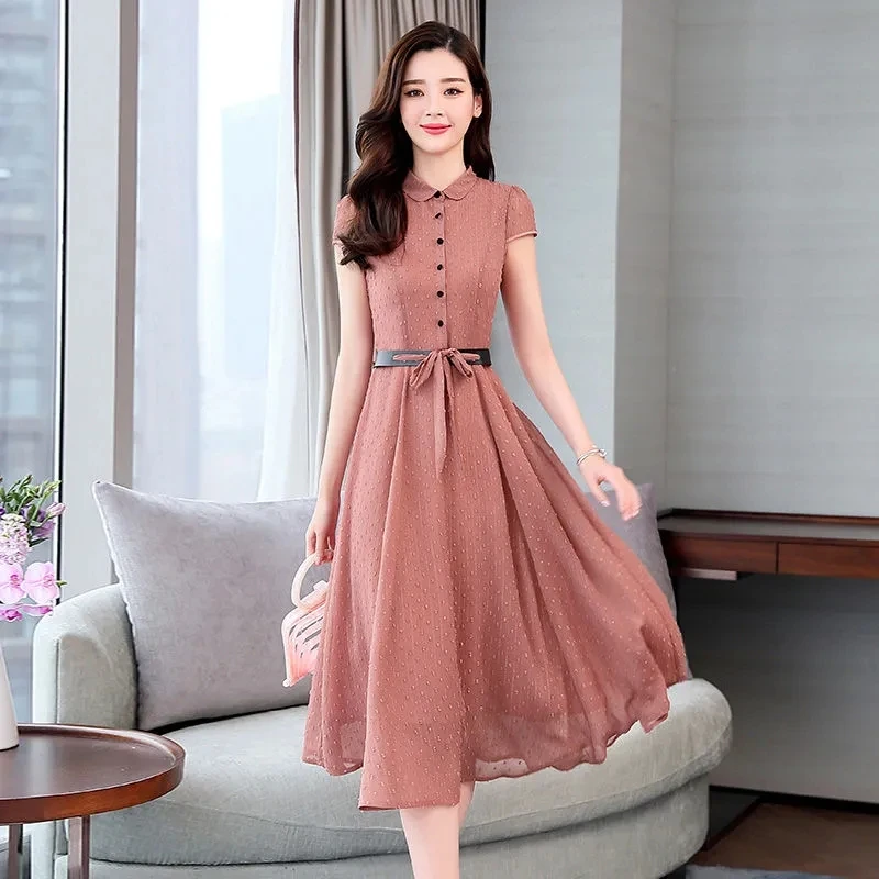 

Jacquard Dot Elegant Chiffon A-Line Dress Women Summer Fashion Turn-Down Collar Lace-Up Short Sleeve Shirt Dress Female Vestidos
