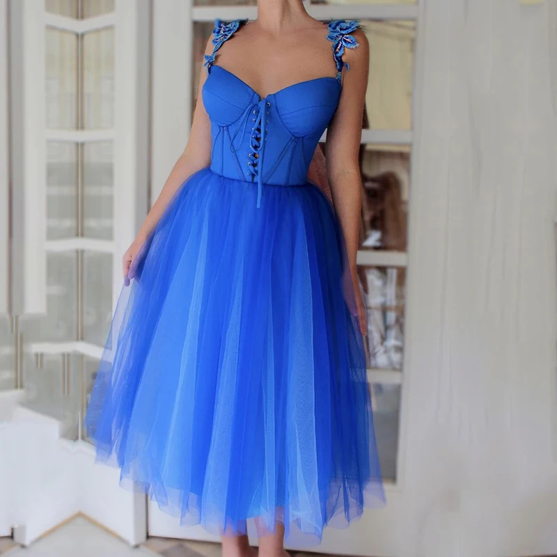 

Eightale Short Prom Dresses 2020 Spaghetti Strap Flowers A-Line Girl Party Dress for Graduation Tulle Blue Formal Cocktail Gown