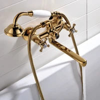 gold bathroom bathtub faucets soild brass hot cold mixer tap with ceramic handle shower wall mount crane vessel chrome
