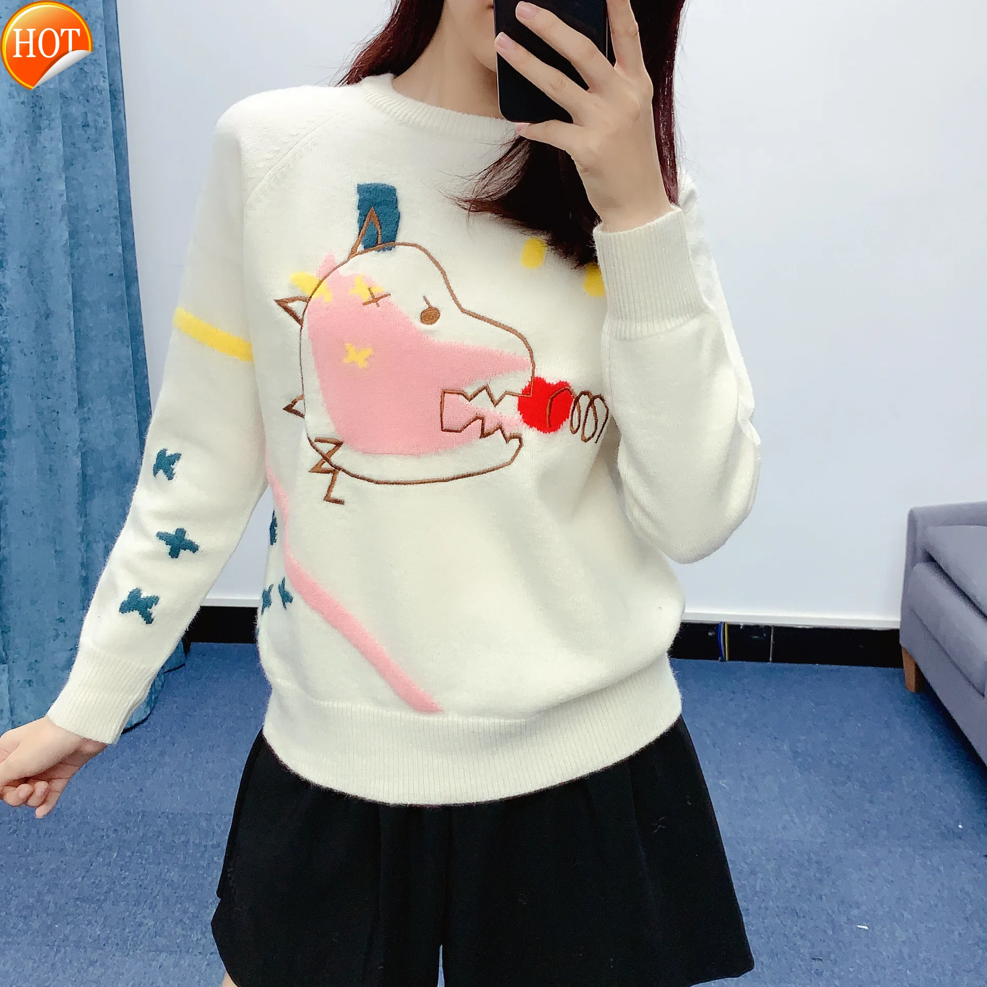 

Autumn 2020 new fashion knitwear heavy industry cartoon little dinosaur embroidery loose Pullover Sweater for women