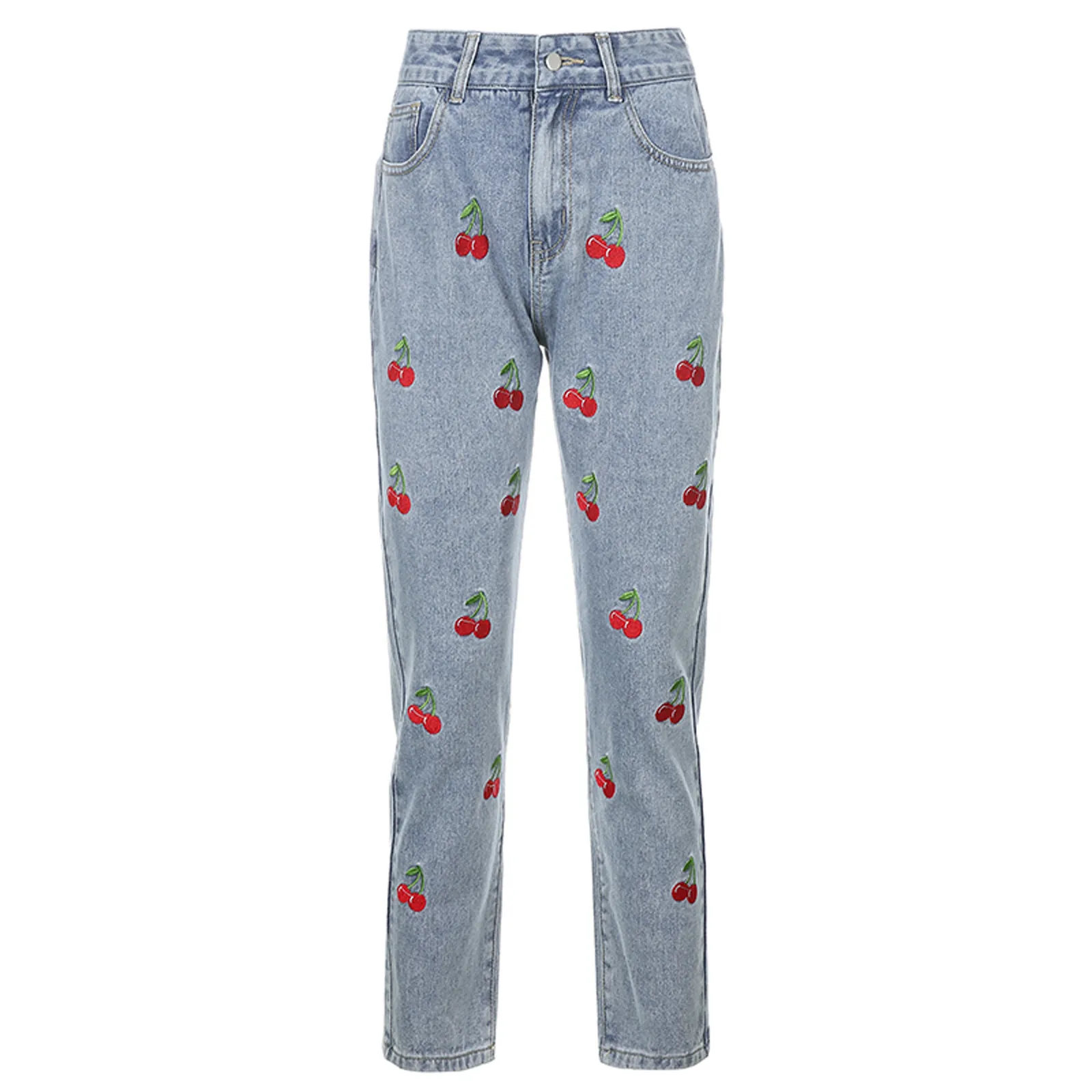 

Women's 2021 New Fashional Sweet Vintage Casual Cherry Embroidery Pocket High-Waisted Slimming Jeans Baggy Ankle-length Trousers