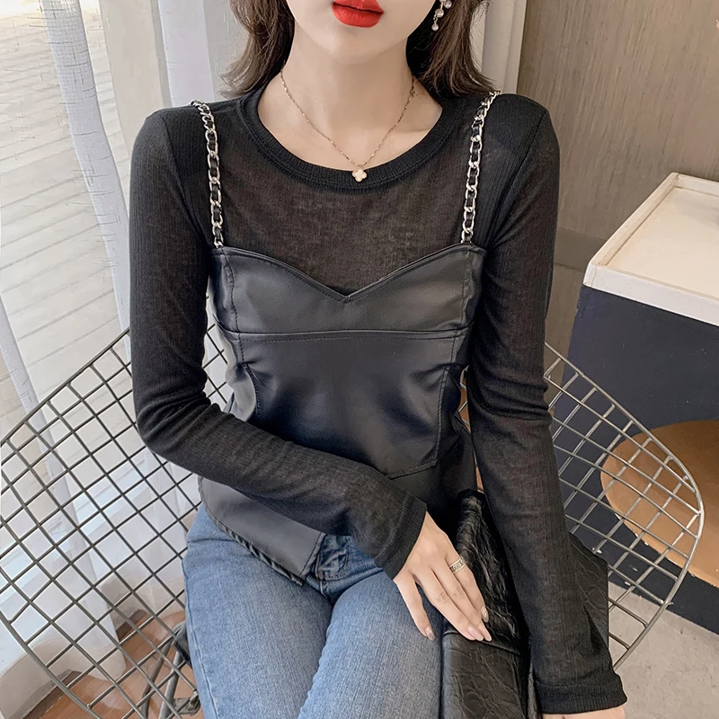 

Осенне-зимний укороченный топ в европейском стиле, футболка, модный сексуальный комплект из двух предметов, Черная Женская Клубная одежда и...