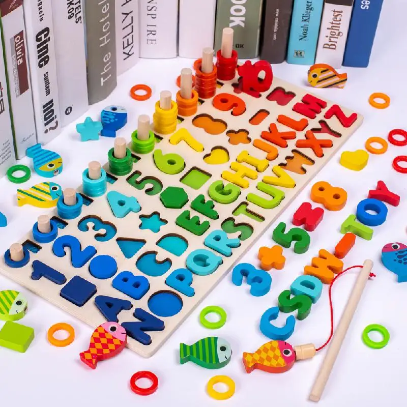 

Montessori Educational Wooden Toys Shape number color recognition Board Math Fishing Children's Preschool Toy Counting Geometry