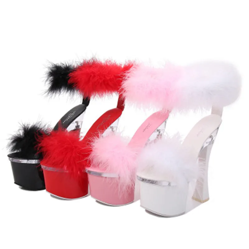 

2020 New Summer Sexy Women Super High Heel 15/17CM Sandals Fur Platform Party Dress Wedding Nightclub Shoes Black White Red Pink