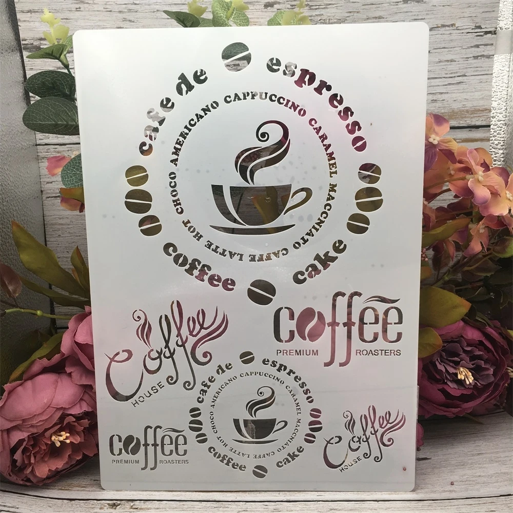 

4Pcs A4 29cm Tea Coffee Cup Words DIY Layering Stencils Wall Painting Scrapbook Coloring Embossing Album Decorative Template