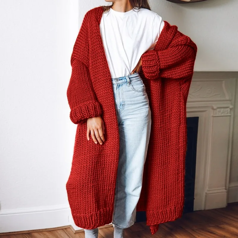 

HEFLASHOR Casual Long Knitted Cardigan Women Vintage Loose Sweater Coat Solid Oversized Jumper Outwear Autumn Winter 2021