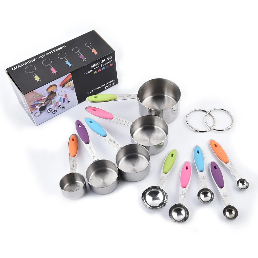 

Stainless Steel Silicone Handle Measuring Cup Measuring Spoon 10 Sets Cross Border Baking Tool Measuring Cup Measuring Spoon