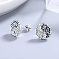ying yang earrings silver sterling 925 with diamond for women and girls cute trendy tai chi round ear stud yin yang