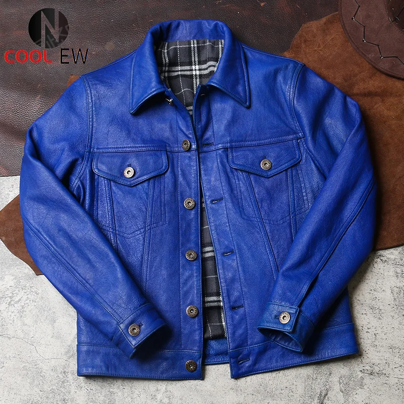 

DS400 Rock Can Roll Read Description! Super Offer! Asian Size Good Quality Genuine Goat Leather Stylish Blue Jacket