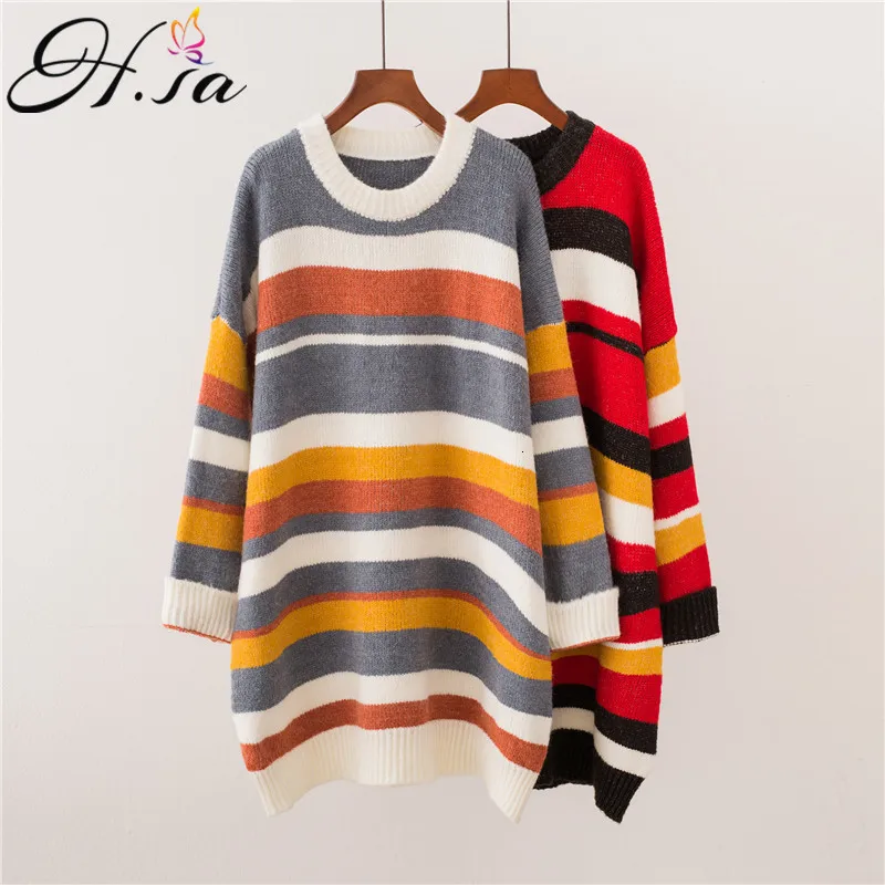 HSA осень зима Harajuku Свободный Полосатый пуловер женский корейский длинный Радужный свитер Джемперы свободные вязанные пуловеры Топы