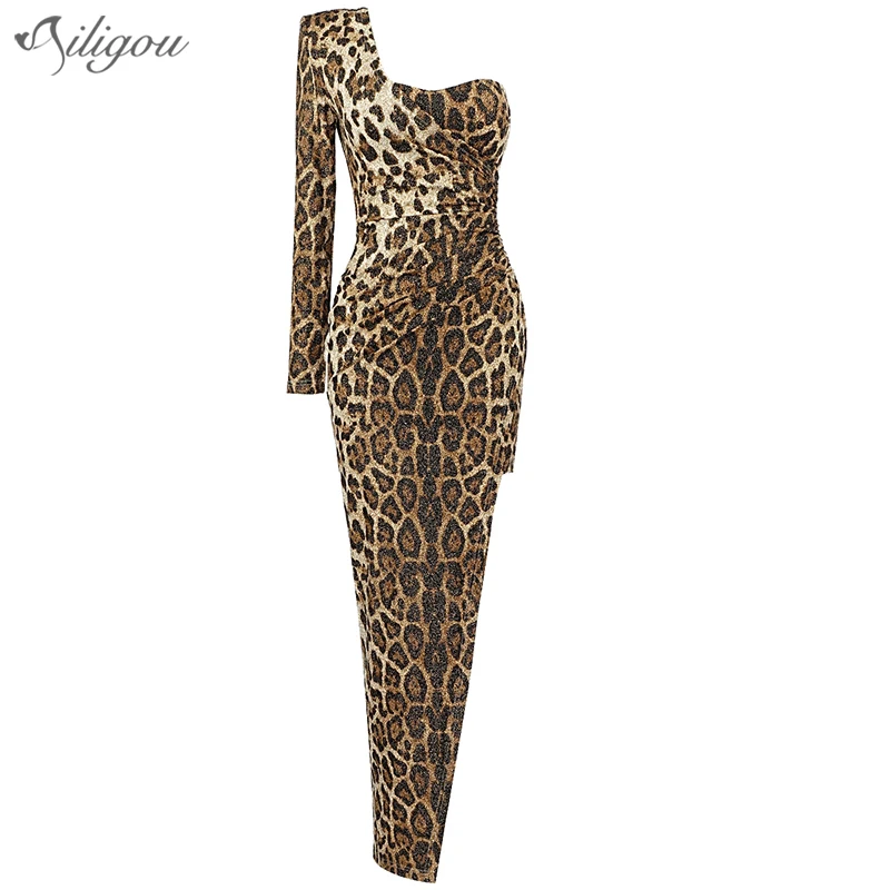 

Ailigou Free Shipping 2021 New Ladies Fashion Sparkling Pink Leopard Sequin Long Dress Sexy One Shoulder Celebrity Party Vestido