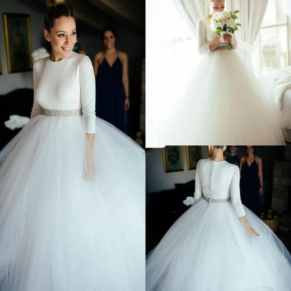 

2020 Princess Ball Gown Wedding Dresses Jewel 3/4 Sleeve Sweep Train Sash Crystal Garden Country Bridal Gowns vestido de novia