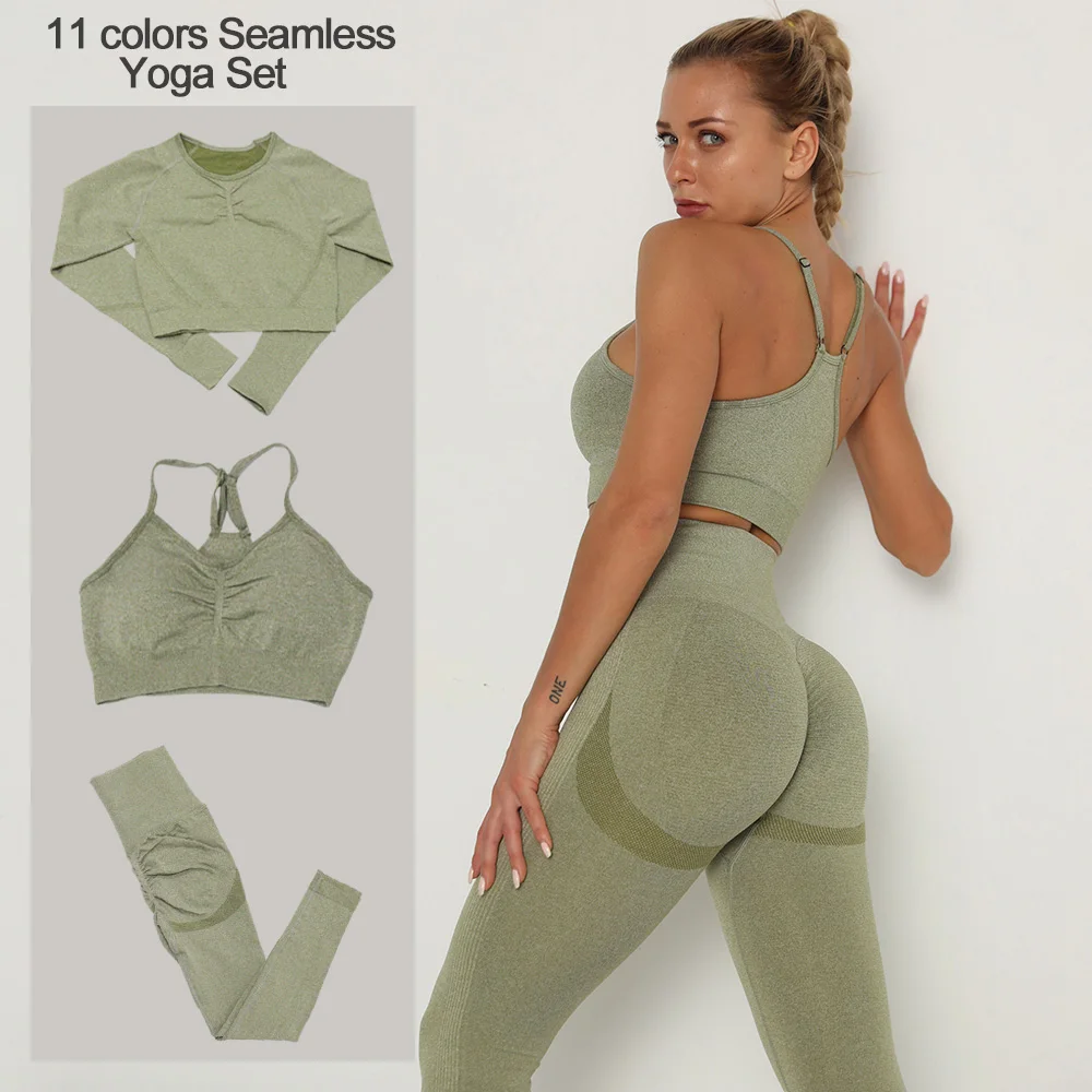 

High Waist Seamless Yoga Outfits Workout Sportswear Gym Clothing Fitness Yoga Set Long Sleeves Shirt Crop Top Workout Leggings
