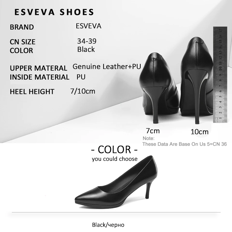 

ESVEVA 2019 Women Pumps Shoes High Heels Solid Office & Career Classic Autumn Slip on Pointed Toe Thin Heels Women Shoes 34-39