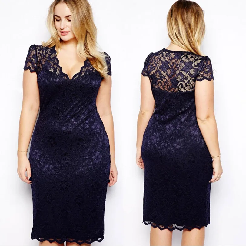 

M-4XL Knee-Length Plus Size Lace Hollow Out Women Summer 2021 New V-neck Party Dresses Office Lady