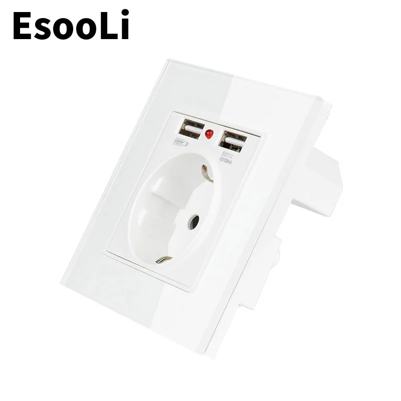 Настенная розетка EsooLi Gold USB европейская белая стеклянная панель два USB-порта для