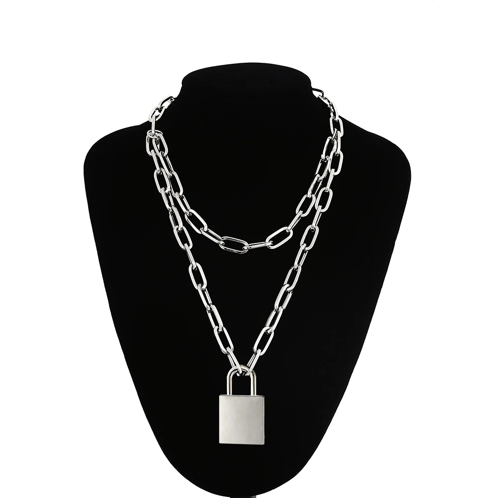 

90s Double layer chain necklace with lock women/men punk rock padlock pendant necklace Vintage emo grunge Goth jewelry